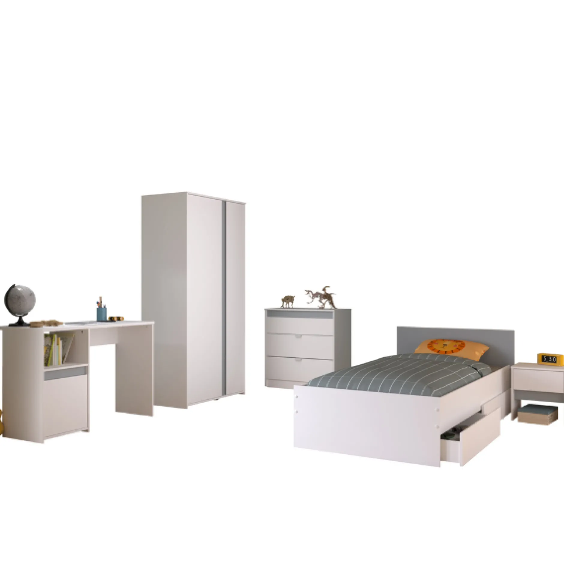 Kinderzimmer Rue | Einzelbett, Bettkasten, Nachttisch, Kleiderschrank, Kommode, Schreibtisch