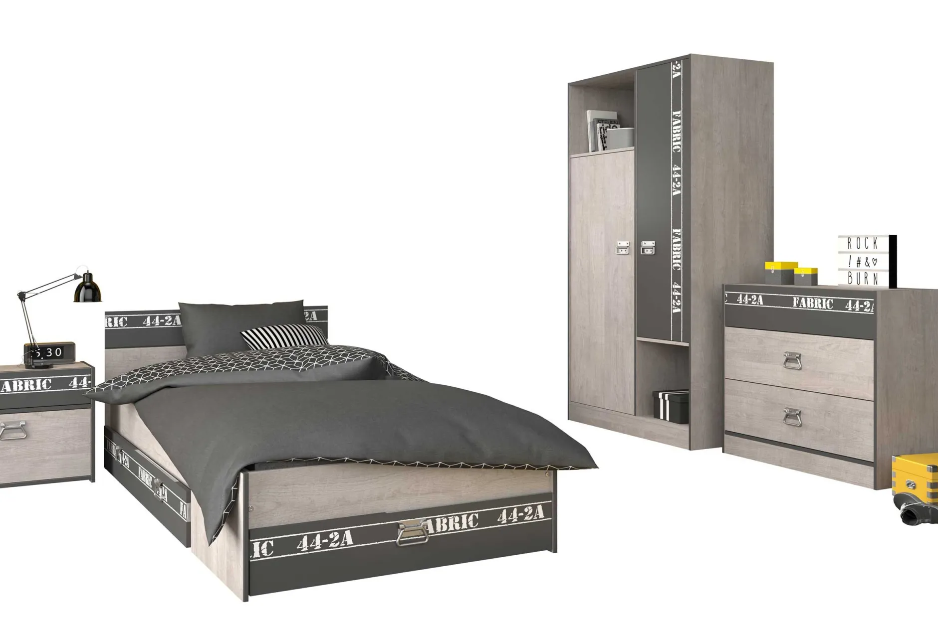 Kinderzimmer-Set Fabric | Kinderbett, Bettschubladen-Set, Nachttisch, Kleiderschrank, Kommode