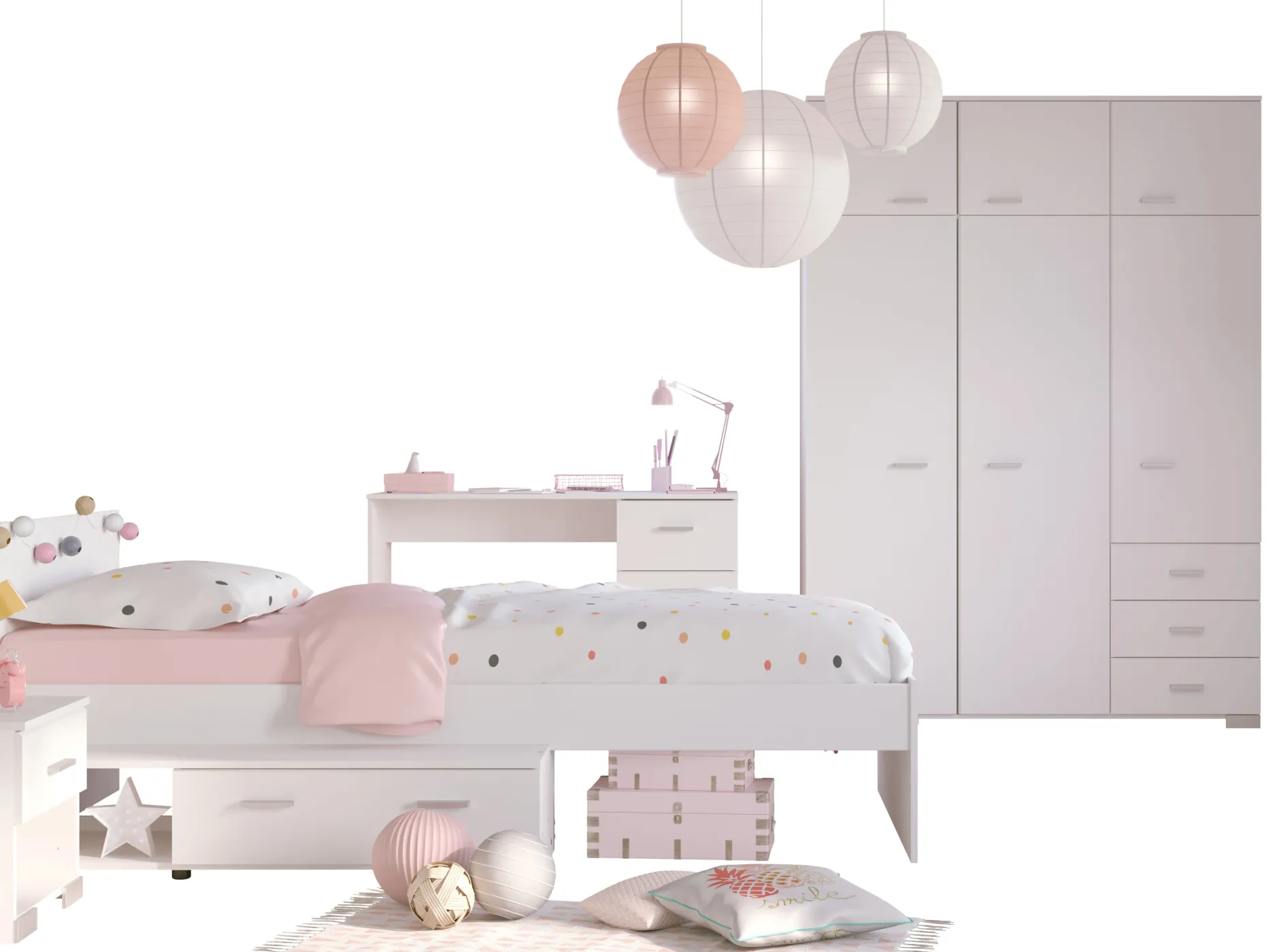 Kinderzimmer-Set Galaxy | Einzelbett, Schreibtisch, Kleiderschrank, Nachttisch | Weiß