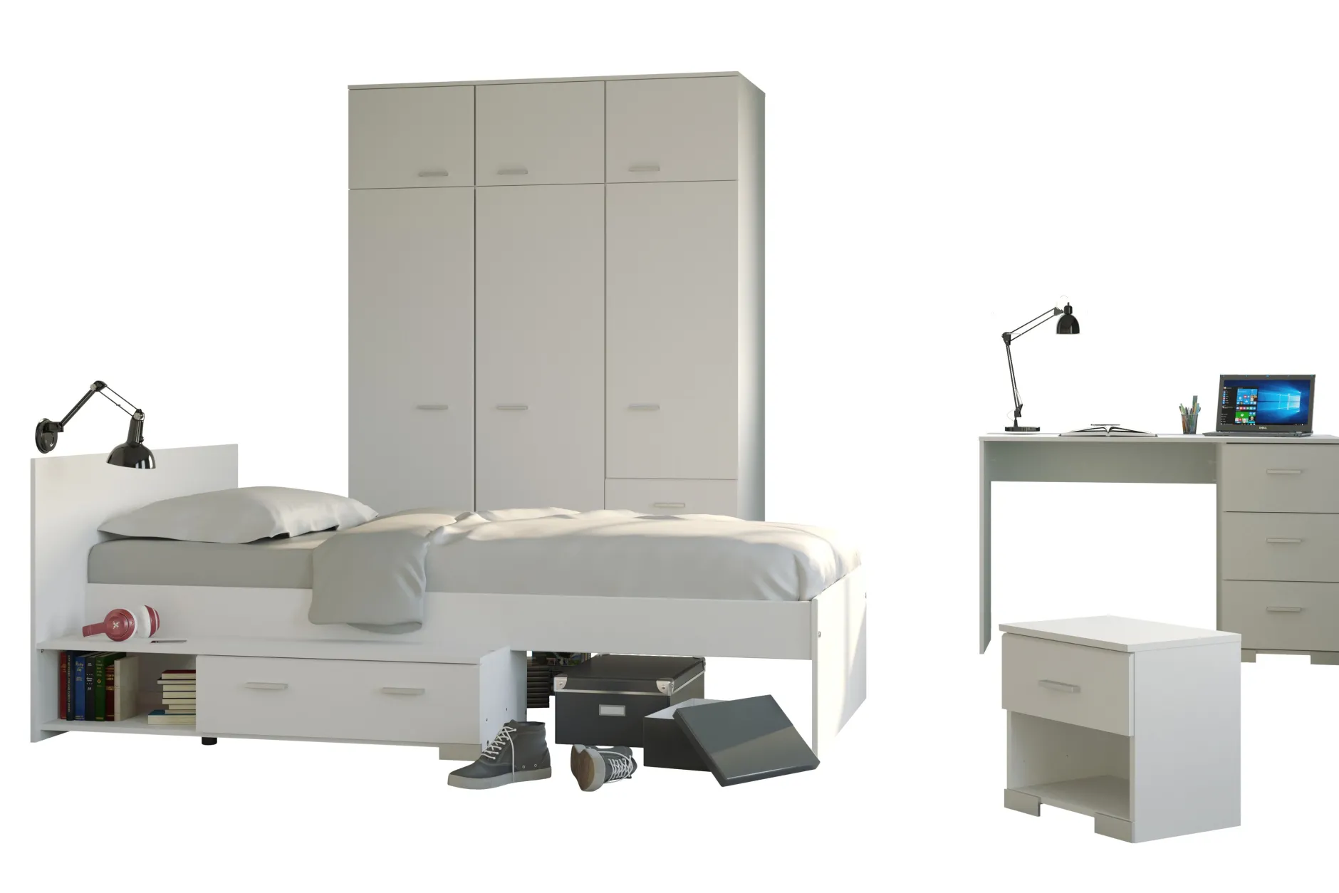 Kinderzimmer-Set Galaxy | Einzelbett, Schreibtisch, Kleiderschrank, Nachttisch | Weiß