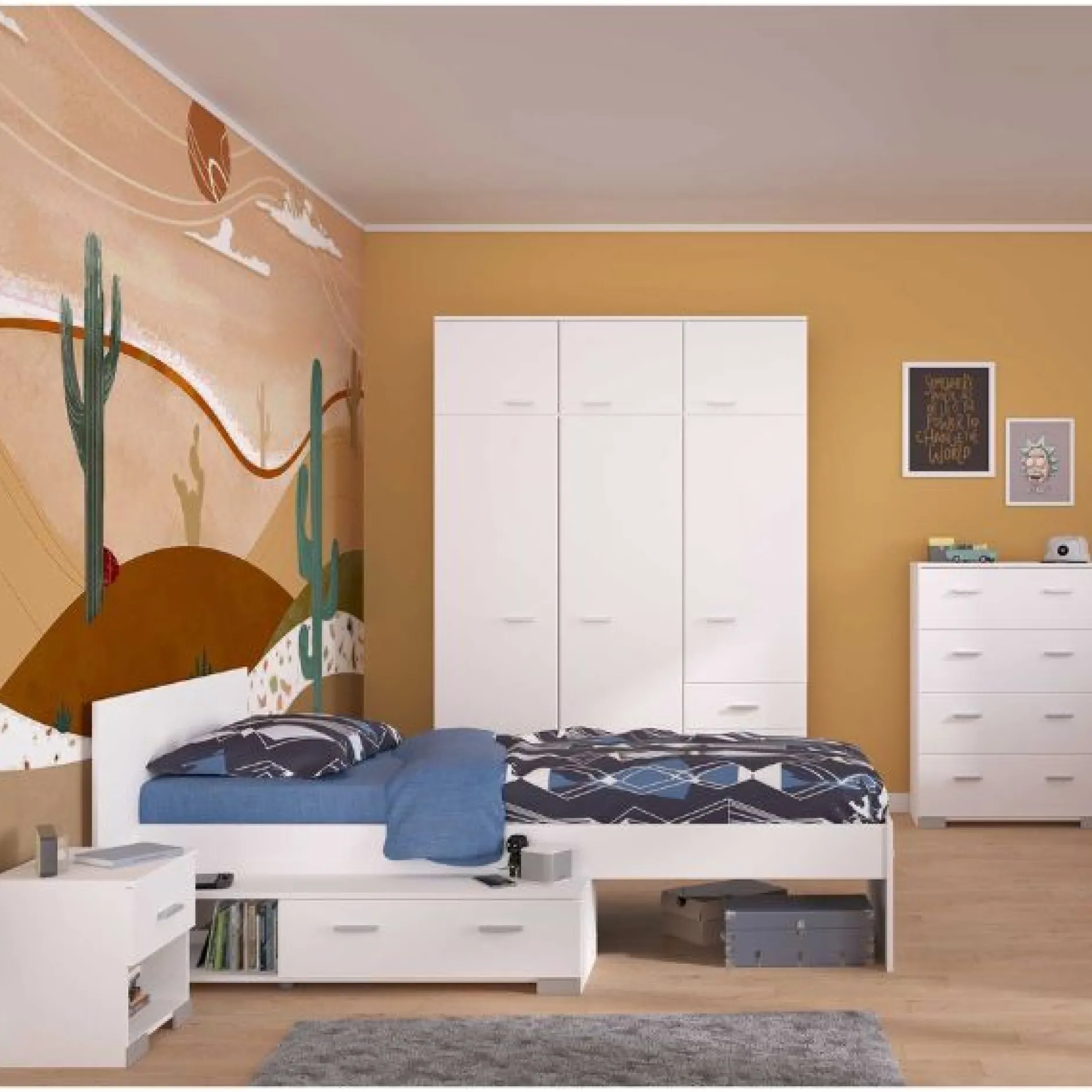Kinderzimmer-Set Galaxy | Einzelbett, Kommode, Kleiderschrank, Nachttisch | Weiß