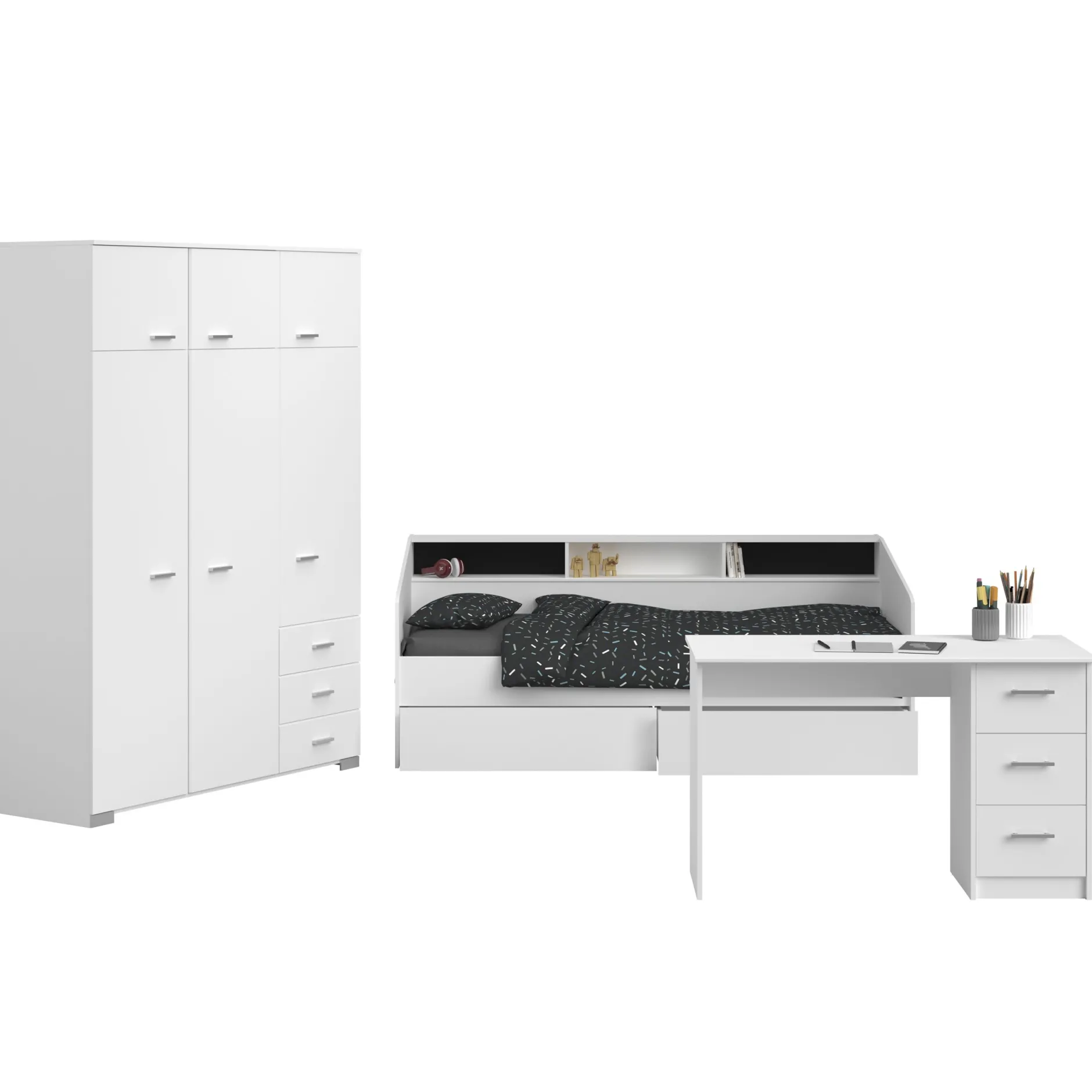 Kinderzimmer-Set Galaxy | Einzelbett, Schreibtisch, Kleiderschrank | Weiß