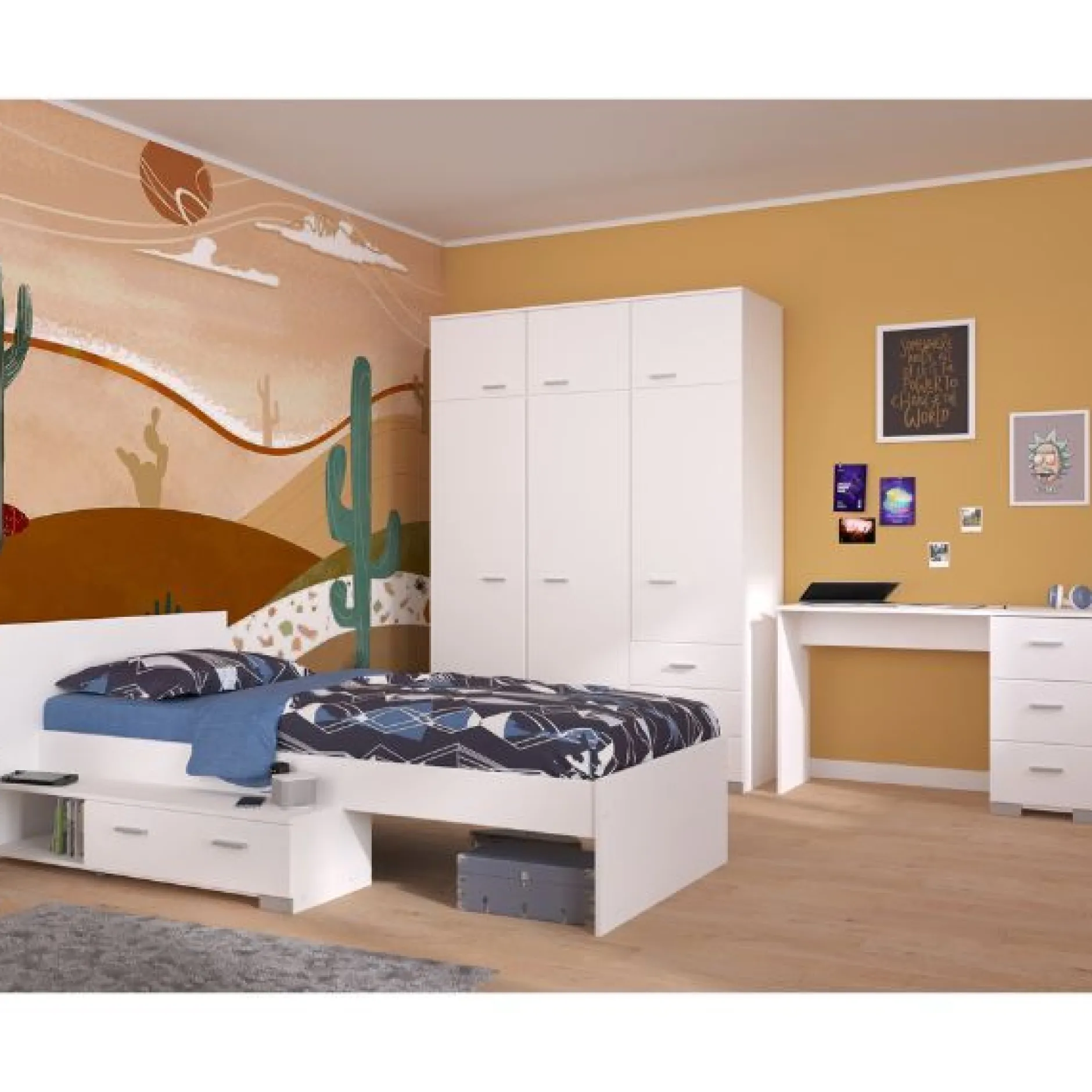 Kinderzimmer-Set Galaxy | Einzelbett, Schreibtisch, Kleiderschrank | Weiß