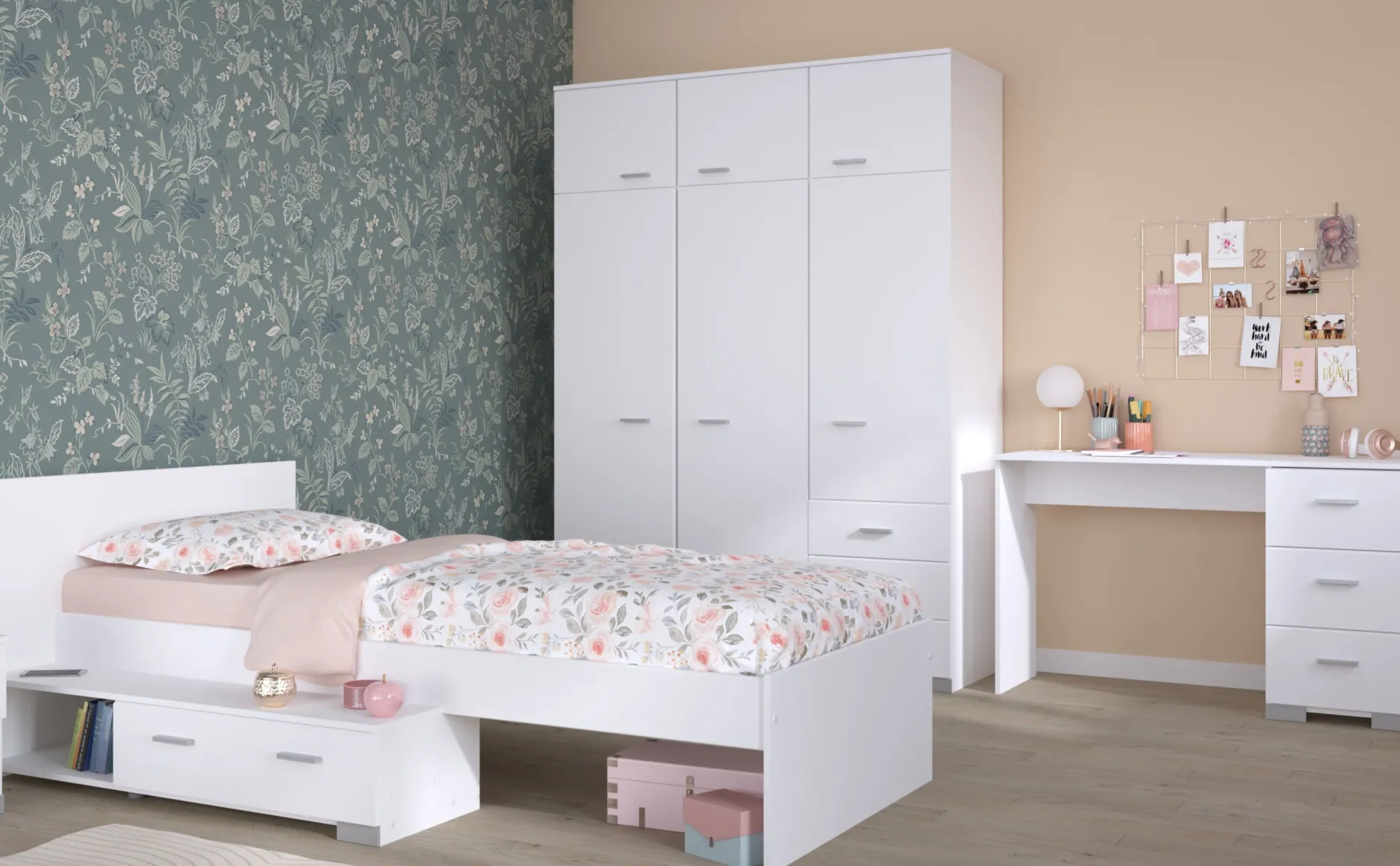 Kinderzimmer-Set Galaxy | Einzelbett, Schreibtisch, Kleiderschrank | Weiß