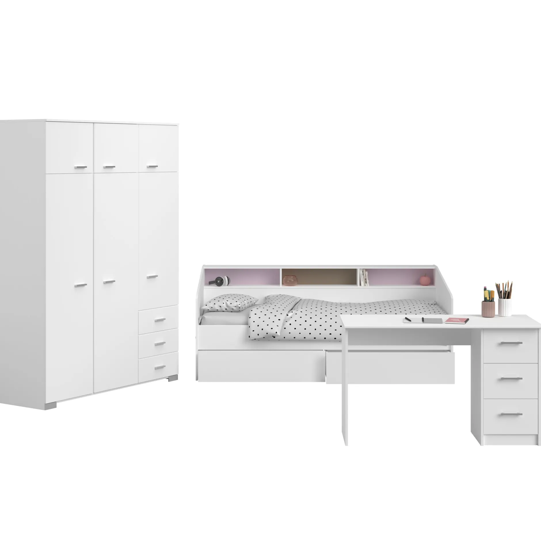 Kinderzimmer-Set Galaxy | Einzelbett, Schreibtisch, Kleiderschrank | Weiß