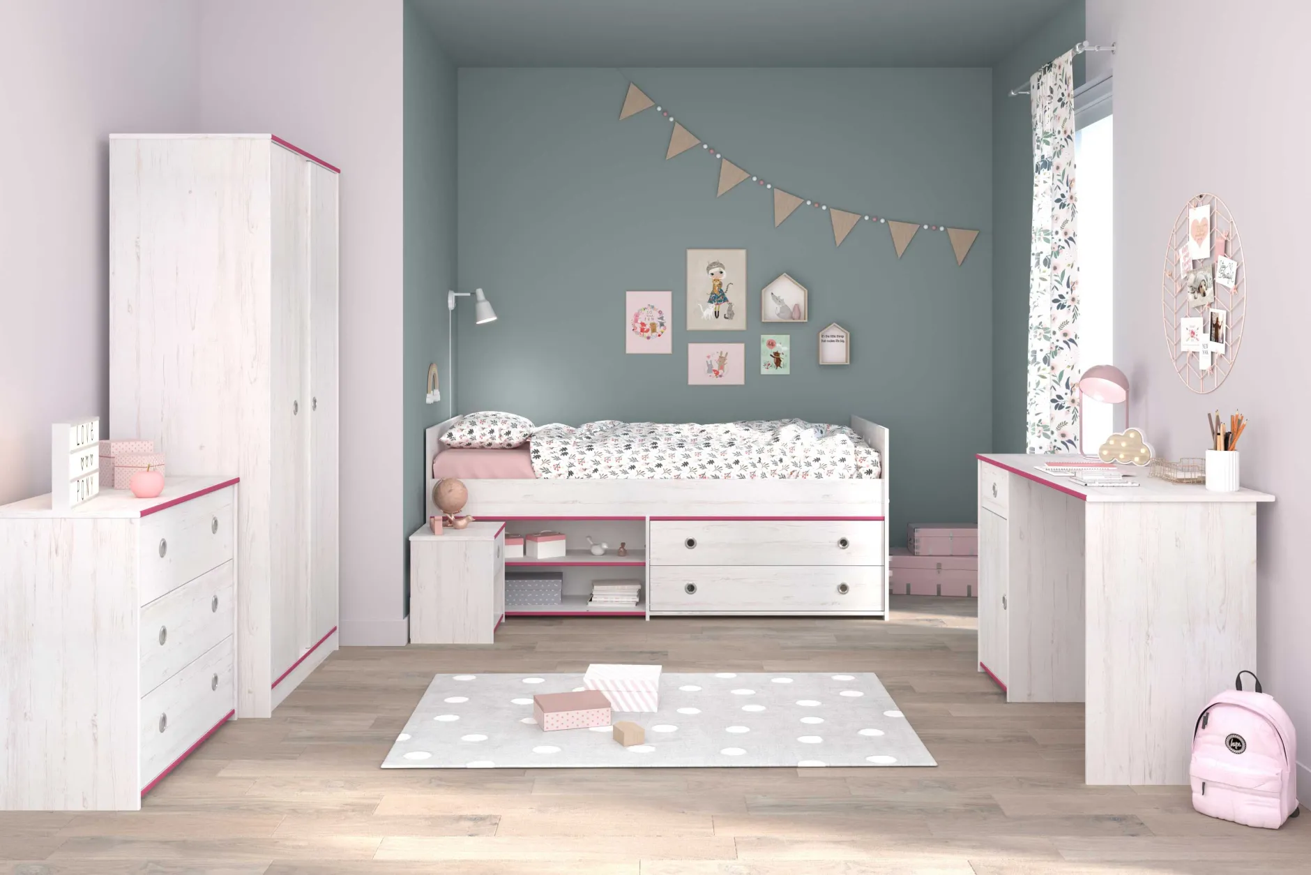 Kinderzimmer-Set Smoozy | Kinderbett, Schreibtisch, Kommode, Nachttisch, Kleiderschrank | Weiß