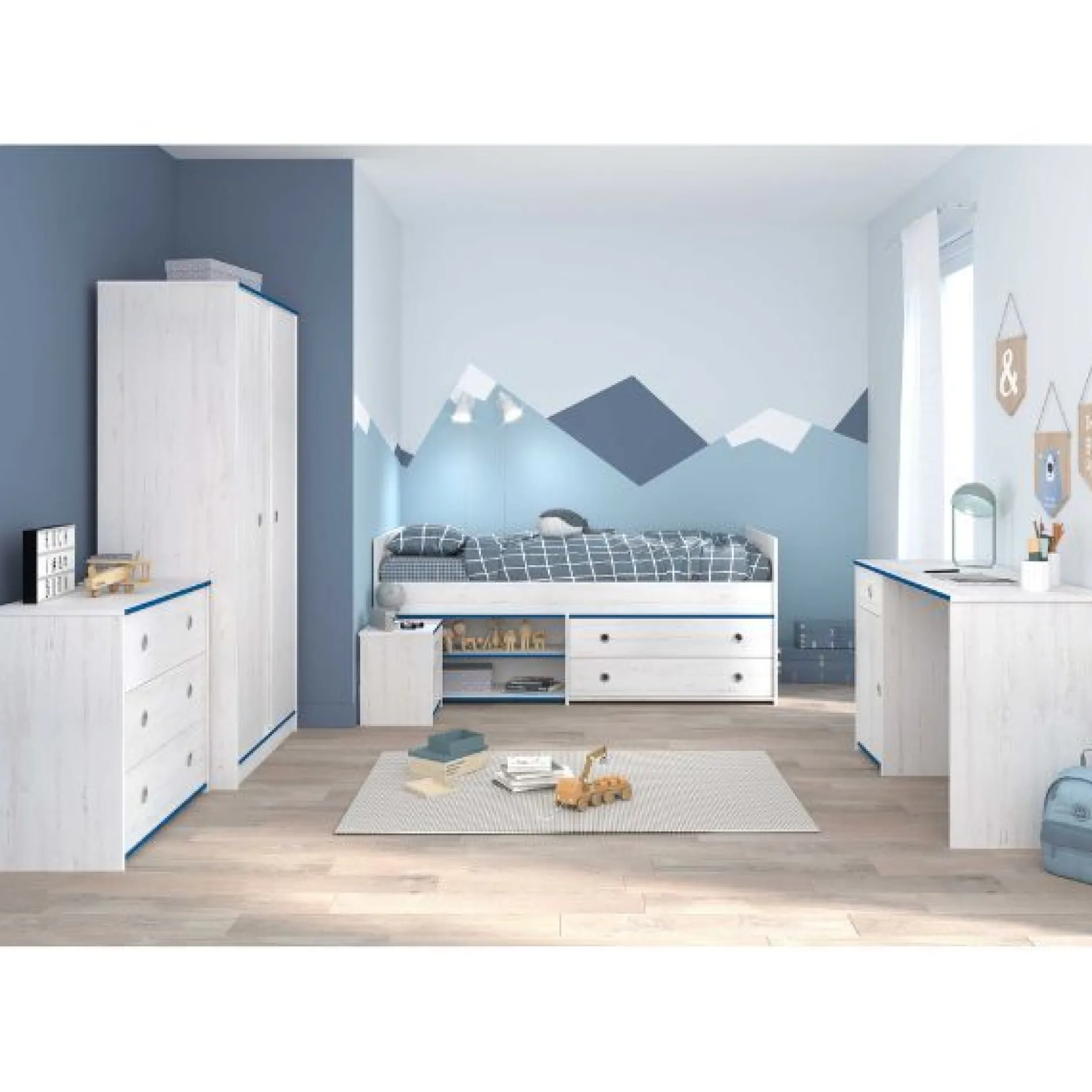 Kinderzimmer-Set Smoozy | Kinderbett, Schreibtisch, Kommode, Nachttisch, Kleiderschrank | Weiß