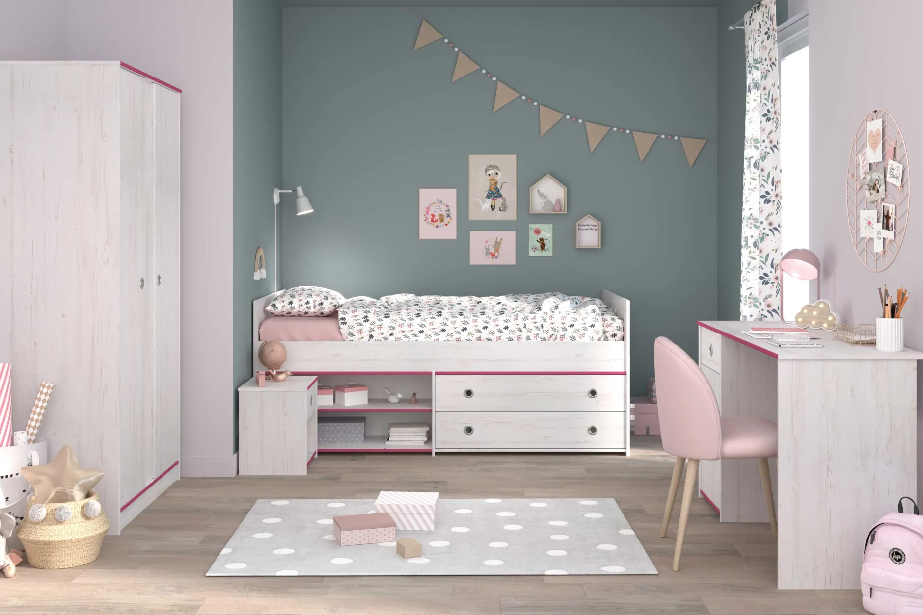 Kinderzimmer-Set Smoozy | Kinderbett, Schreibtisch, Nachttisch, Kleiderschrank | Weiß