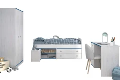 Kinderzimmer-Set Smoozy | Kinderbett, Schreibtisch, Nachttisch, Kleiderschrank | Weiß