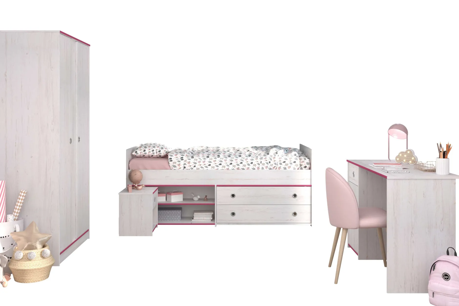 Kinderzimmer-Set Smoozy | Kinderbett, Schreibtisch, Nachttisch, Kleiderschrank | Weiß