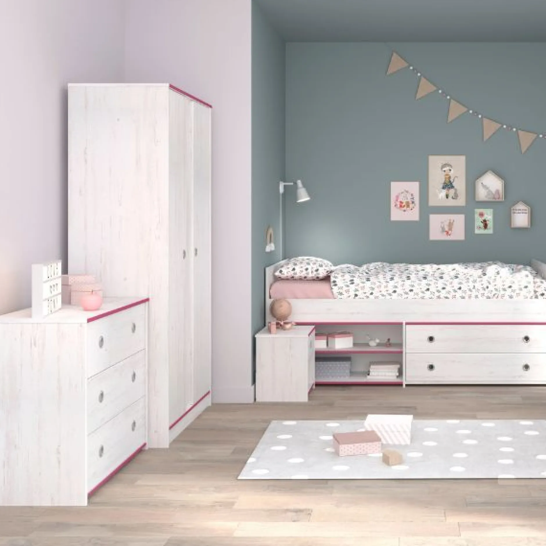 Kinderzimmer-Set Smoozy | Kinderbett, Kleiderschrank, Kommode und Nachttisch | Weiß