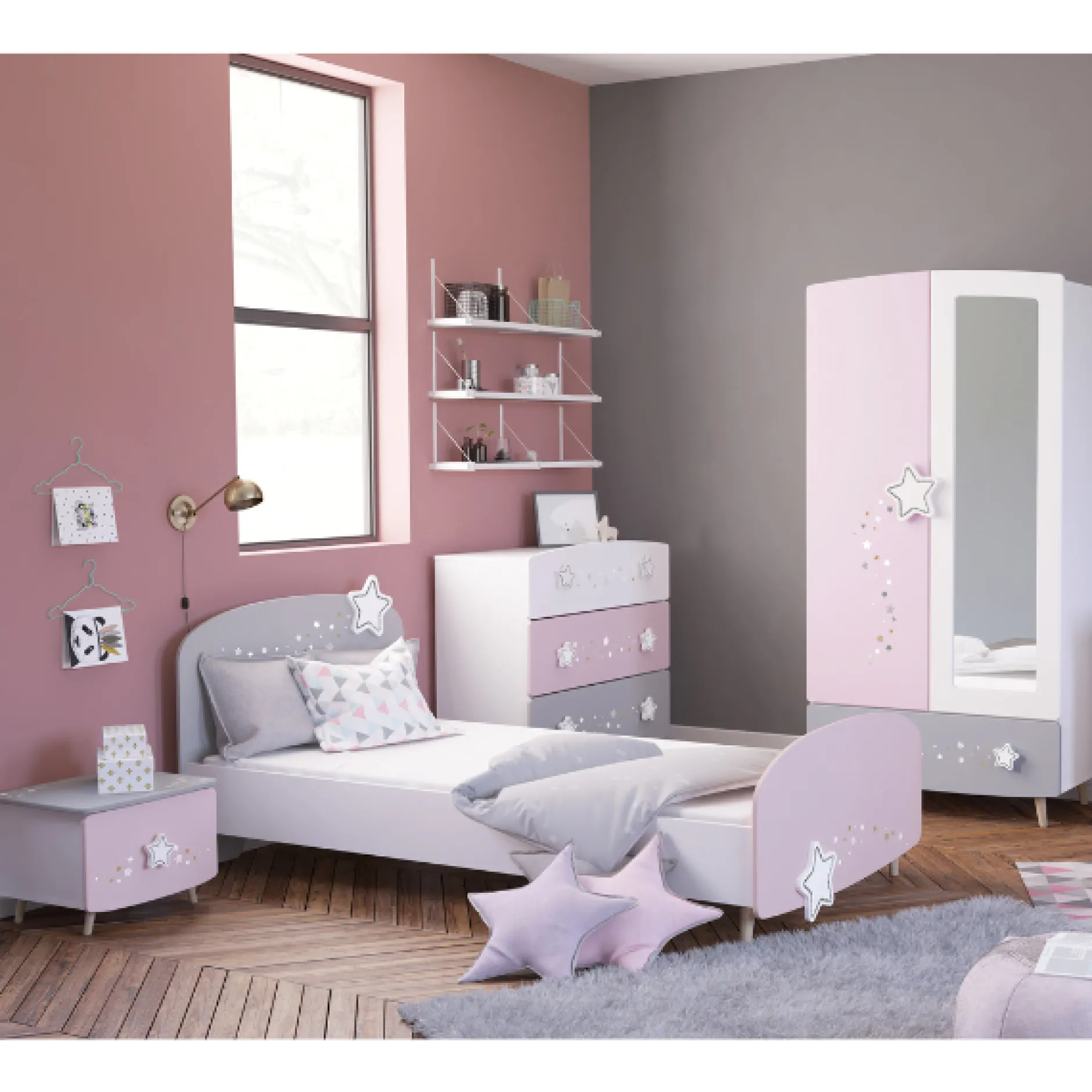 Kinderzimmer Stellar: Bett 90x200cm, Nachttisch, Kommode, Kleiderschrank