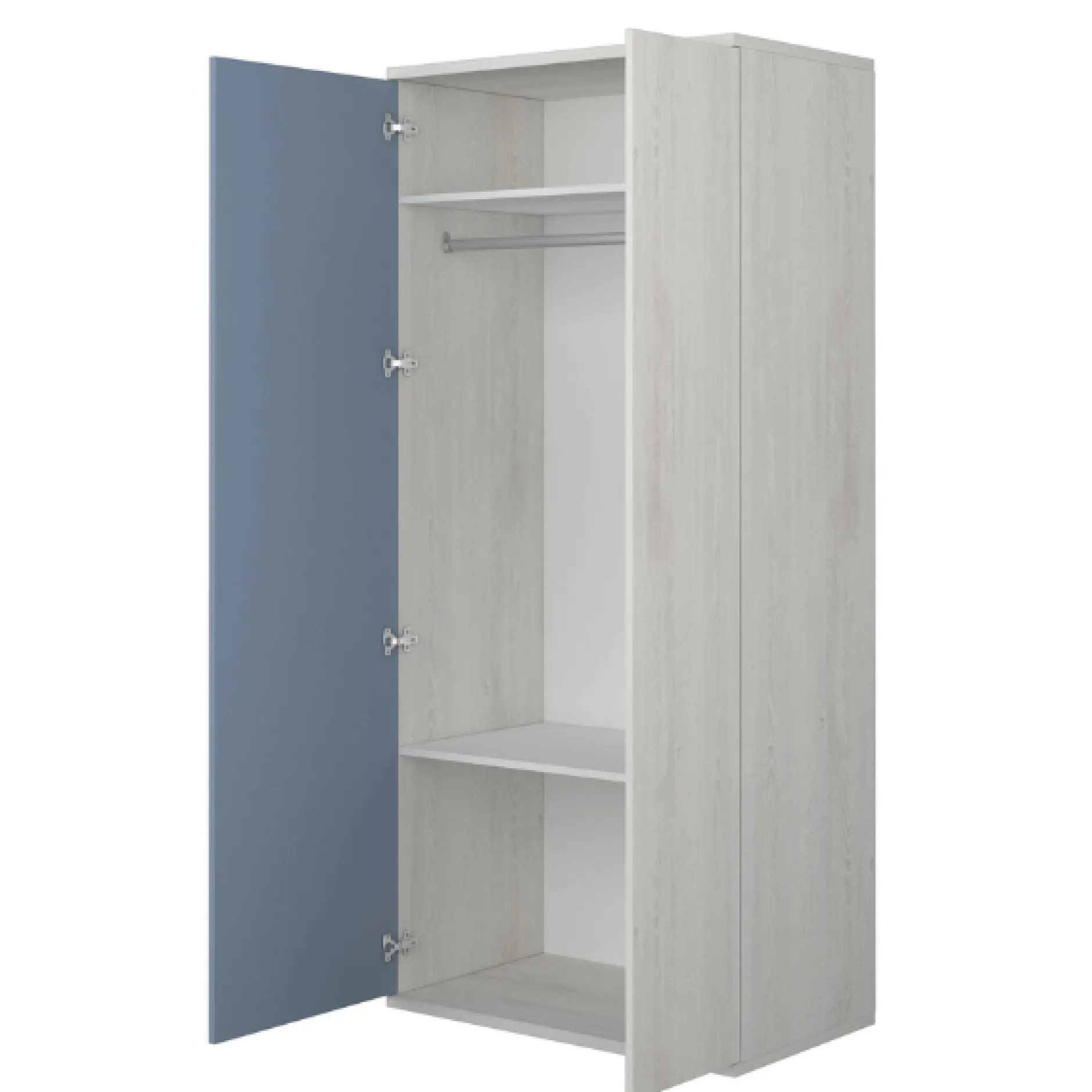 Kleiderschrank Bo0 mit Kleiderstange, länglichem Griff und 2 Einlegeböden - Kiefer/blau