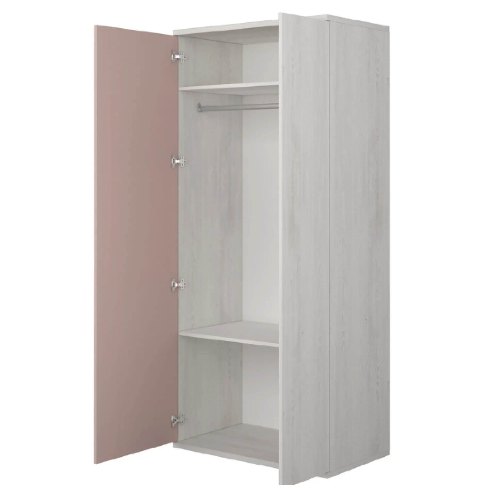 Kleiderschrank Bo0 mit Kleiderstange, länglichem Griff und 2 Einlegeböden - Kiefer/altrosa