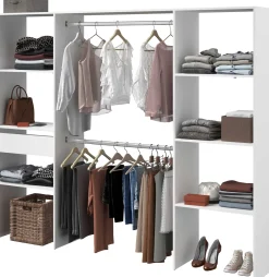 Kleiderschrank Botan 220cm, 6 Einlegeböden, 2 Kleiderstangen und 1 Schublade - weiß