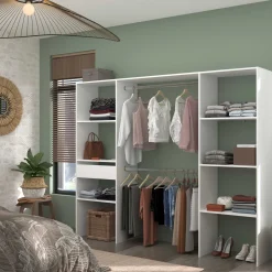 Kleiderschrank Botan 220cm, 6 Einlegeböden, 2 Kleiderstangen und 1 Schublade - weiß