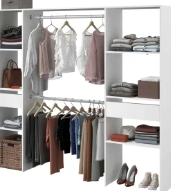 Kleiderschrank Botan 198cm, 6 Einlegeböden, 2 Kleiderstangen und 2 Schubladen - weiß