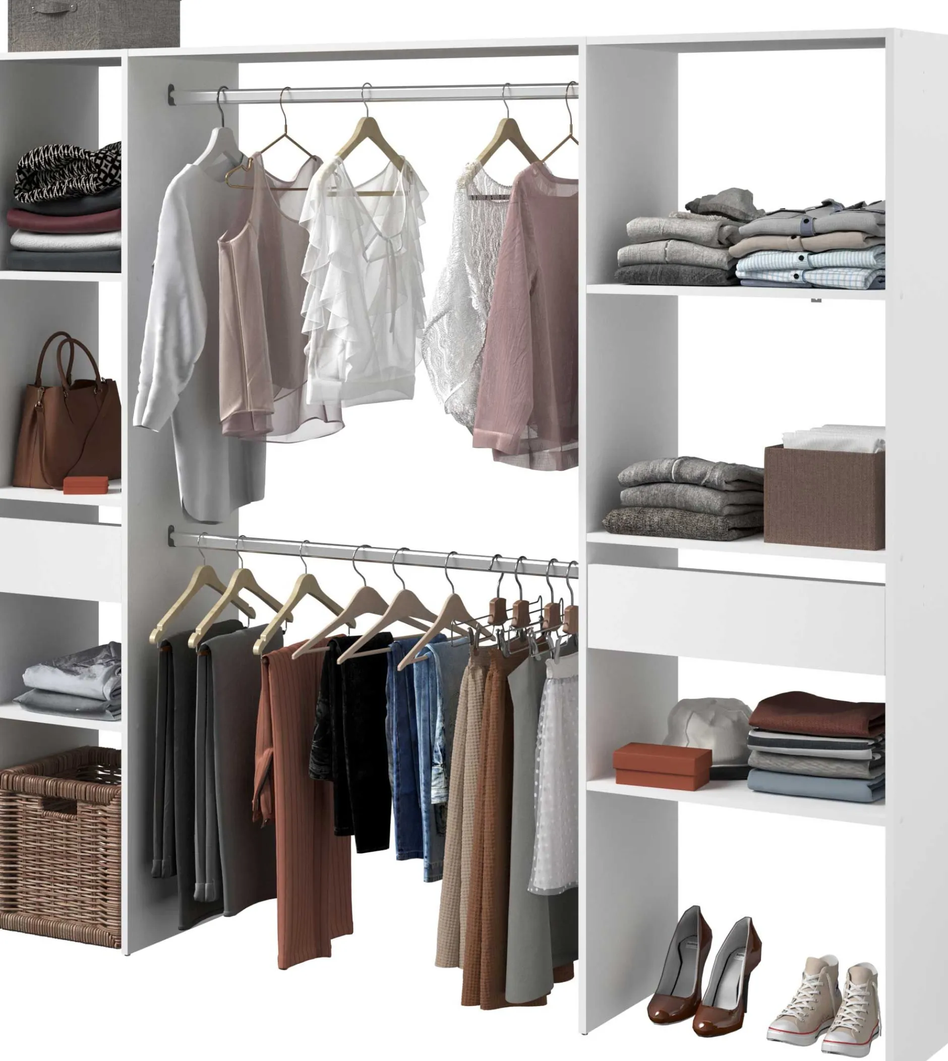 Kleiderschrank Botan 198cm, 6 Einlegeböden, 2 Kleiderstangen und 2 Schubladen - weiß