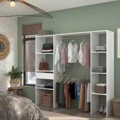Kleiderschrank Botan 198cm, 6 Einlegeböden, 2 Kleiderstangen und 1 Schublade - weiß
