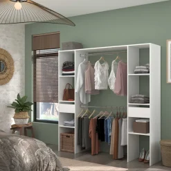Kleiderschrank Botan 176cm, 6 Einlegeböden, 2 Kleiderstangen und 2 Schubladen - weiß