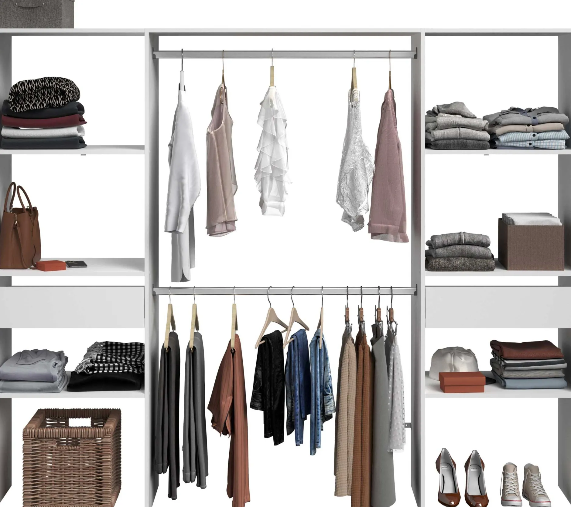 Kleiderschrank Botan 220cm, 6 Einlegeböden, 2 Kleiderstangen und 2 Schubladen - weiß