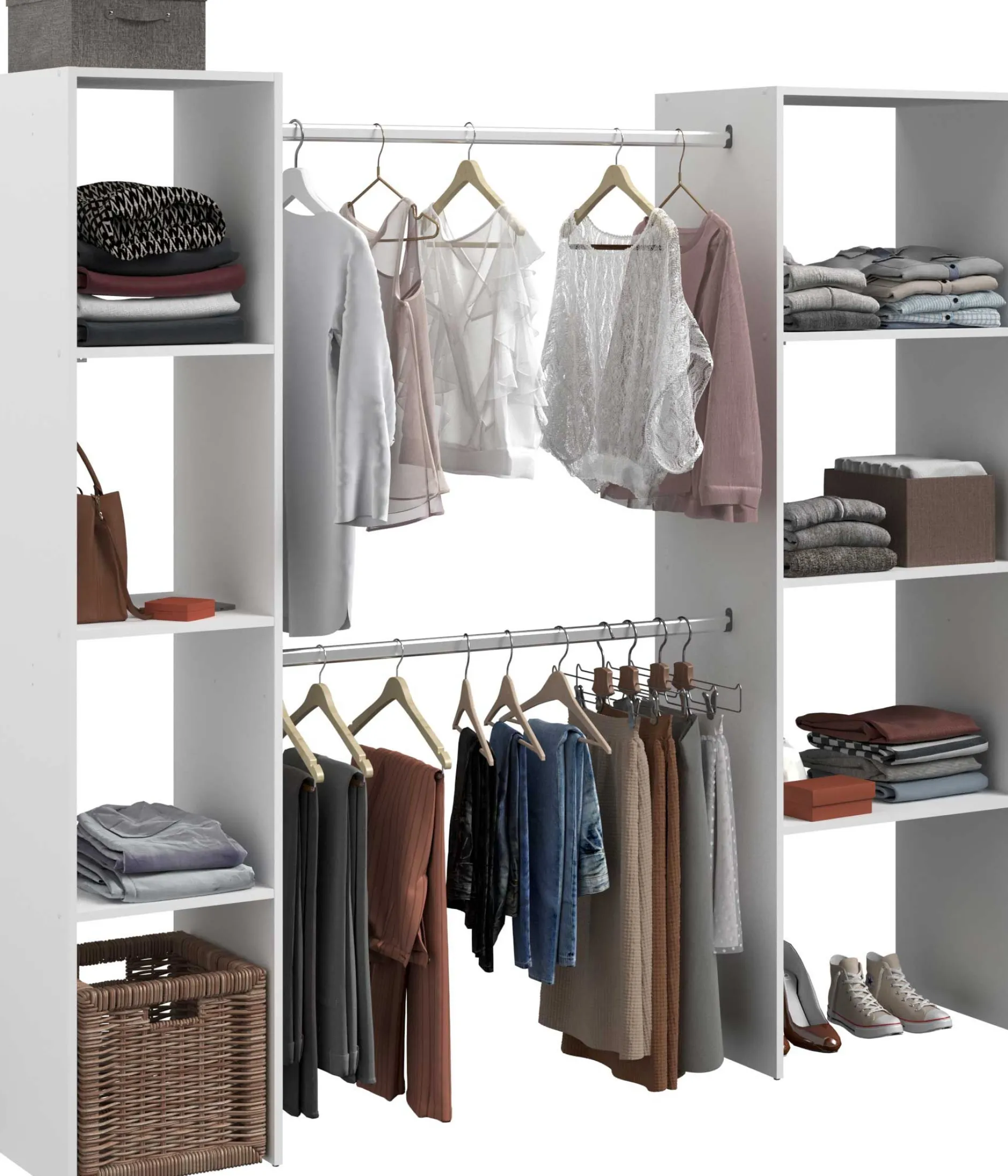 Kleiderschrank Botan 196cm, 6 Einlegeböden und 2 Kleiderstangen - weiß
