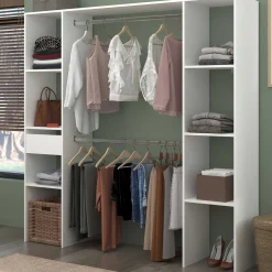 Kleiderschrank Botan 176cm, 6 Einlegeböden, 2 Kleiderstangen und 1 Schublade - weiß