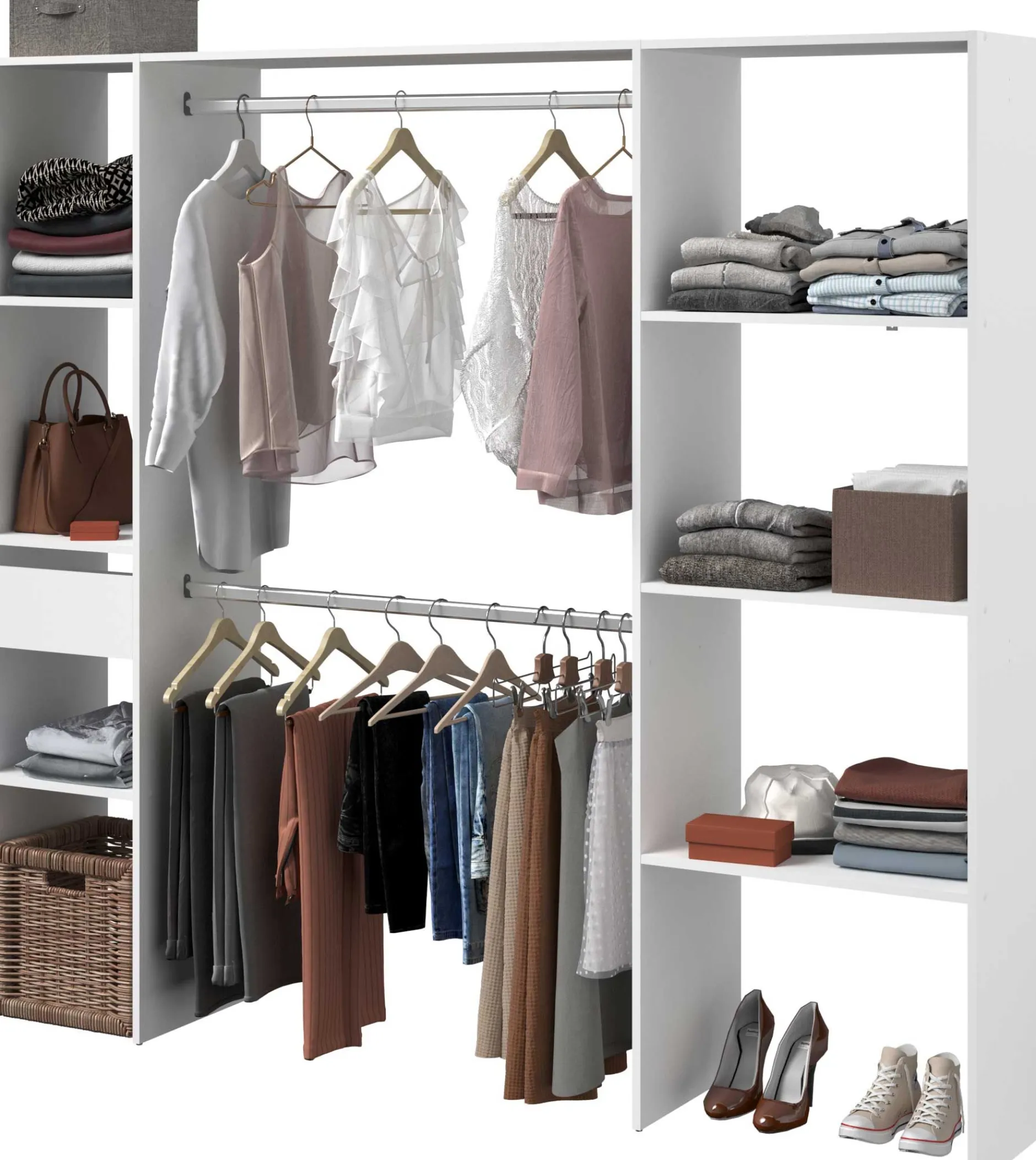 Kleiderschrank Botan 198cm, 6 Einlegeböden, 2 Kleiderstangen und 1 Schublade - weiß