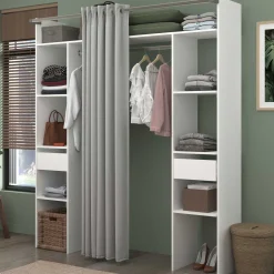 Kleiderschrank Botan 176cm - mit Vorhang - 6 Einlegeböden, 2 Kleiderstangen und 2 Schubladen - weiß