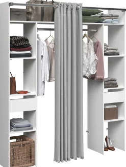 Kleiderschrank Botan 176cm - mit Vorhang - 6 Einlegeböden, 2 Kleiderstangen und 2 Schubladen - weiß