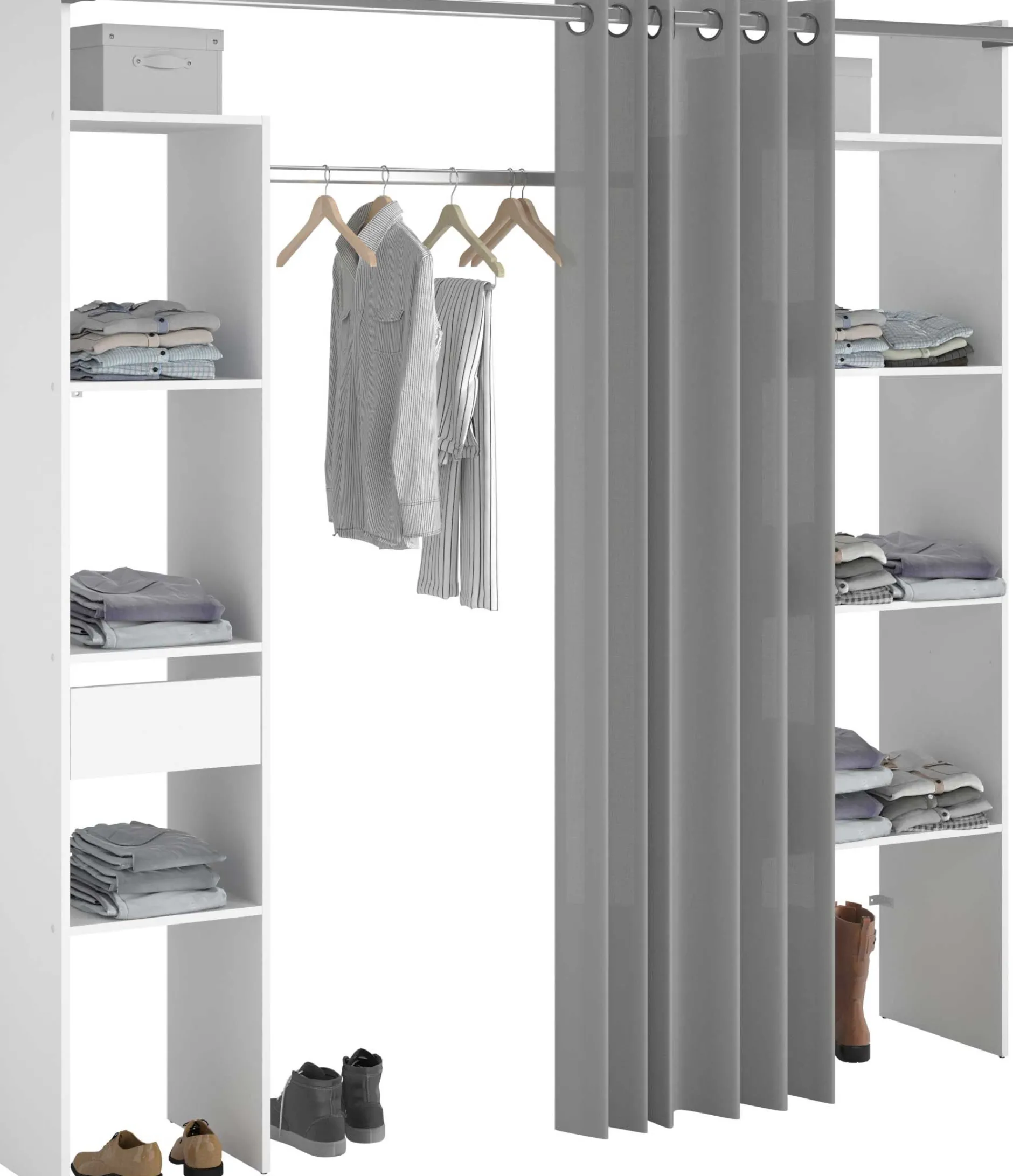 Kleiderschrank Botan 198cm - mit Vorhang - 6 Einlegeböden, 2 Kleiderstangen und 1 Schublade - weiß