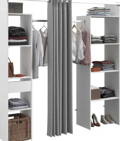 Kleiderschrank Botan 198cm - mit Vorhang - 6 Einlegeböden, 2 Kleiderstangen und 1 Schublade - weiß