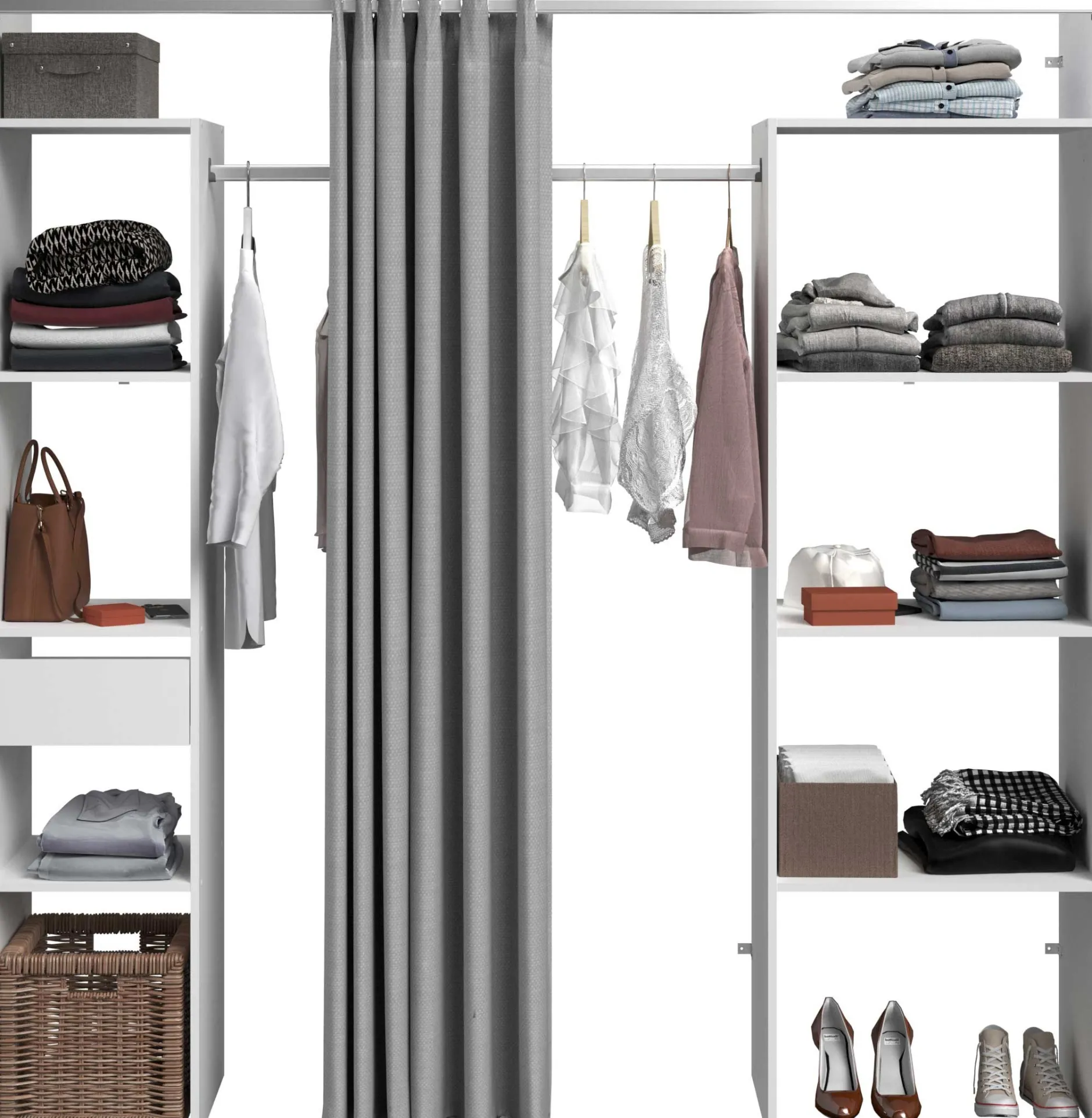 Kleiderschrank Botan 198cm - mit Vorhang - 6 Einlegeböden, 2 Kleiderstangen und 1 Schublade - weiß