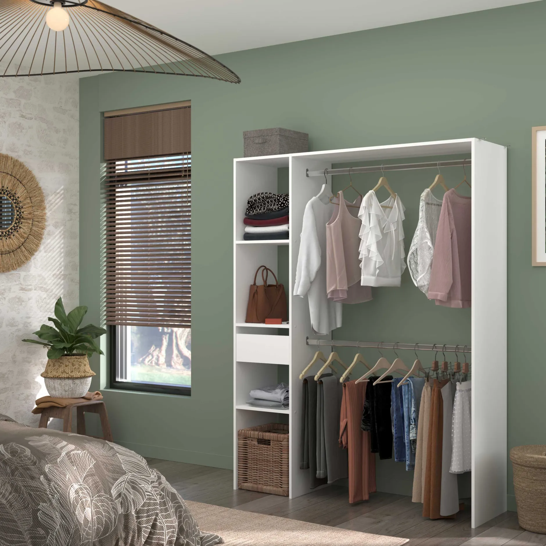 Kleiderschrank Botan 140cm, 1 Schublade und 3 Einlegeböden und 1 Kleiderstange - weiß