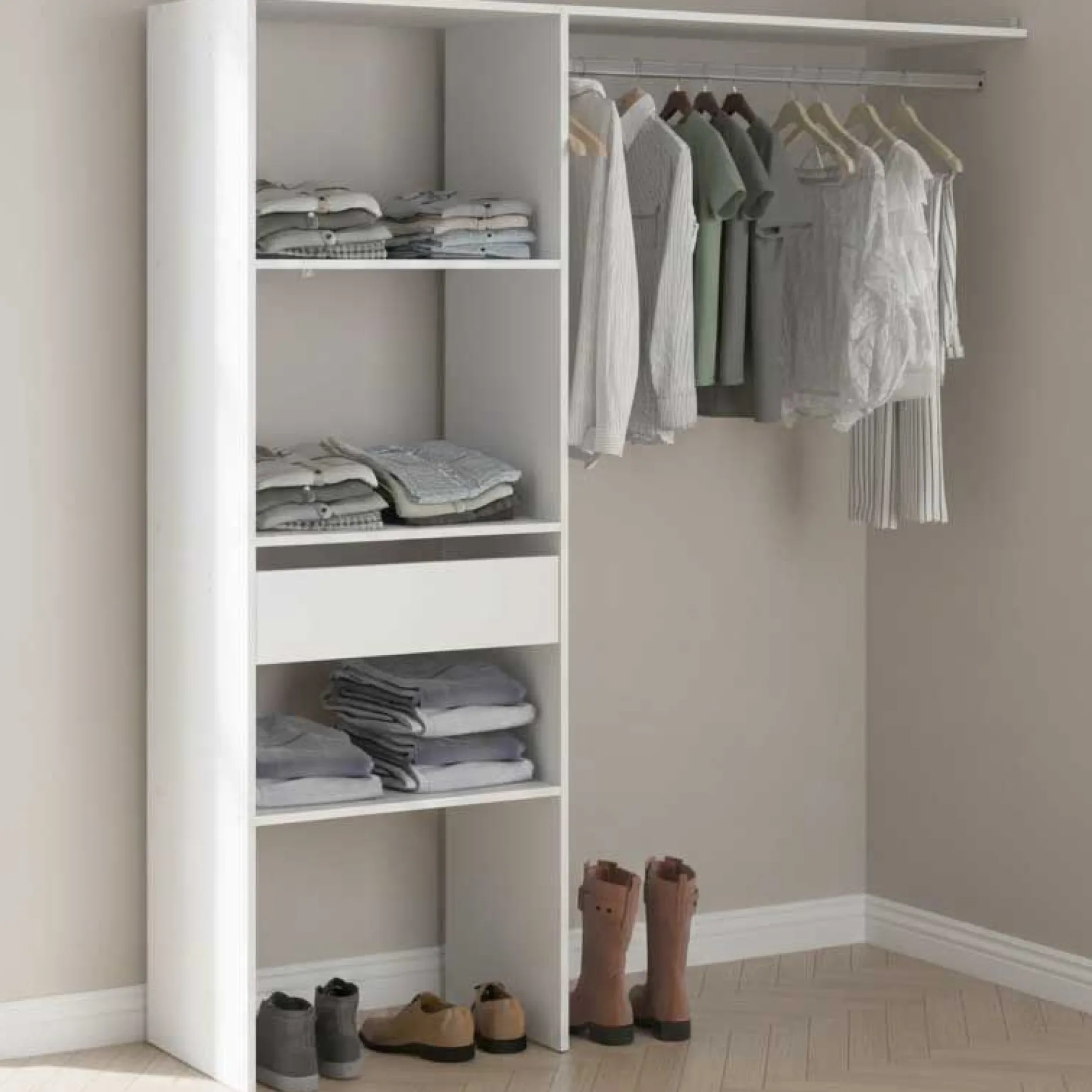 Kleiderschrank Botan D - 160cm, 1 Schublade, 3 Einlegeböden und 1 Kleiderstange - weiß