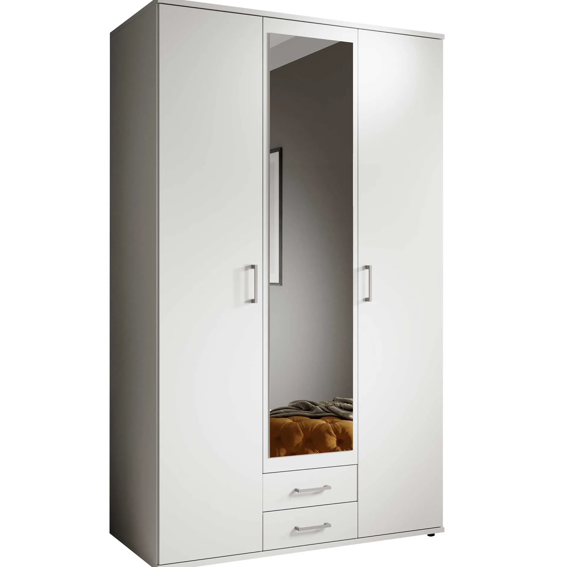 Kleiderschrank Daniela 120cm mit 3 Türen 2 Schubladen und Spiegel - weiß