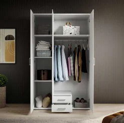 Kleiderschrank Daniela 120cm mit 3 Türen 2 Schubladen und Spiegel - weiß