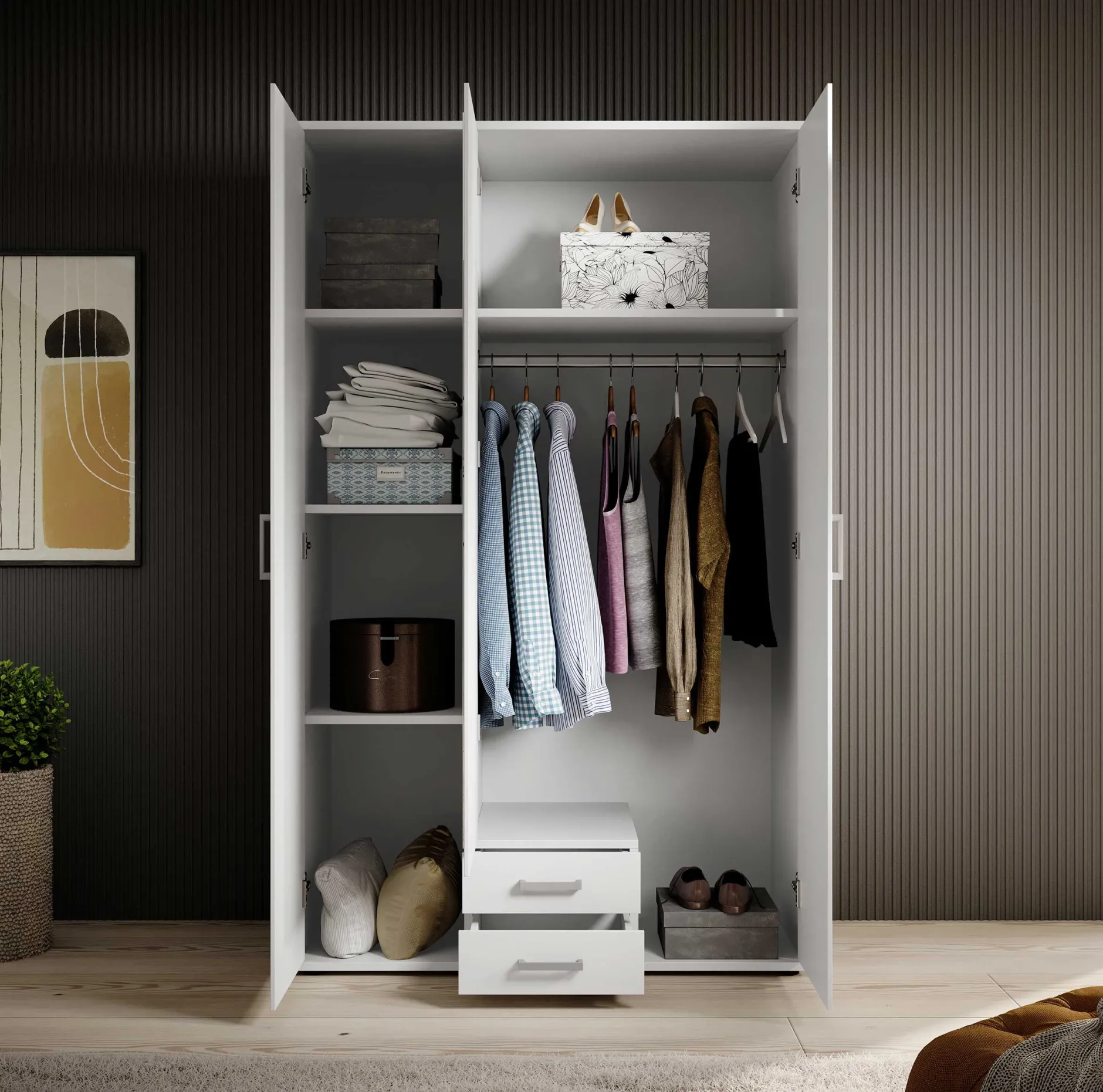 Kleiderschrank Daniela 120cm mit 3 Türen 2 Schubladen und Spiegel - weiß