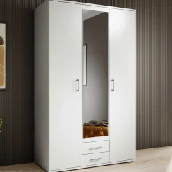 Kleiderschrank Daniela 120cm mit 3 Türen 2 Schubladen und Spiegel - weiß
