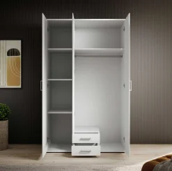 Kleiderschrank Daniela 120cm mit 3 Türen 2 Schubladen und Spiegel - weiß