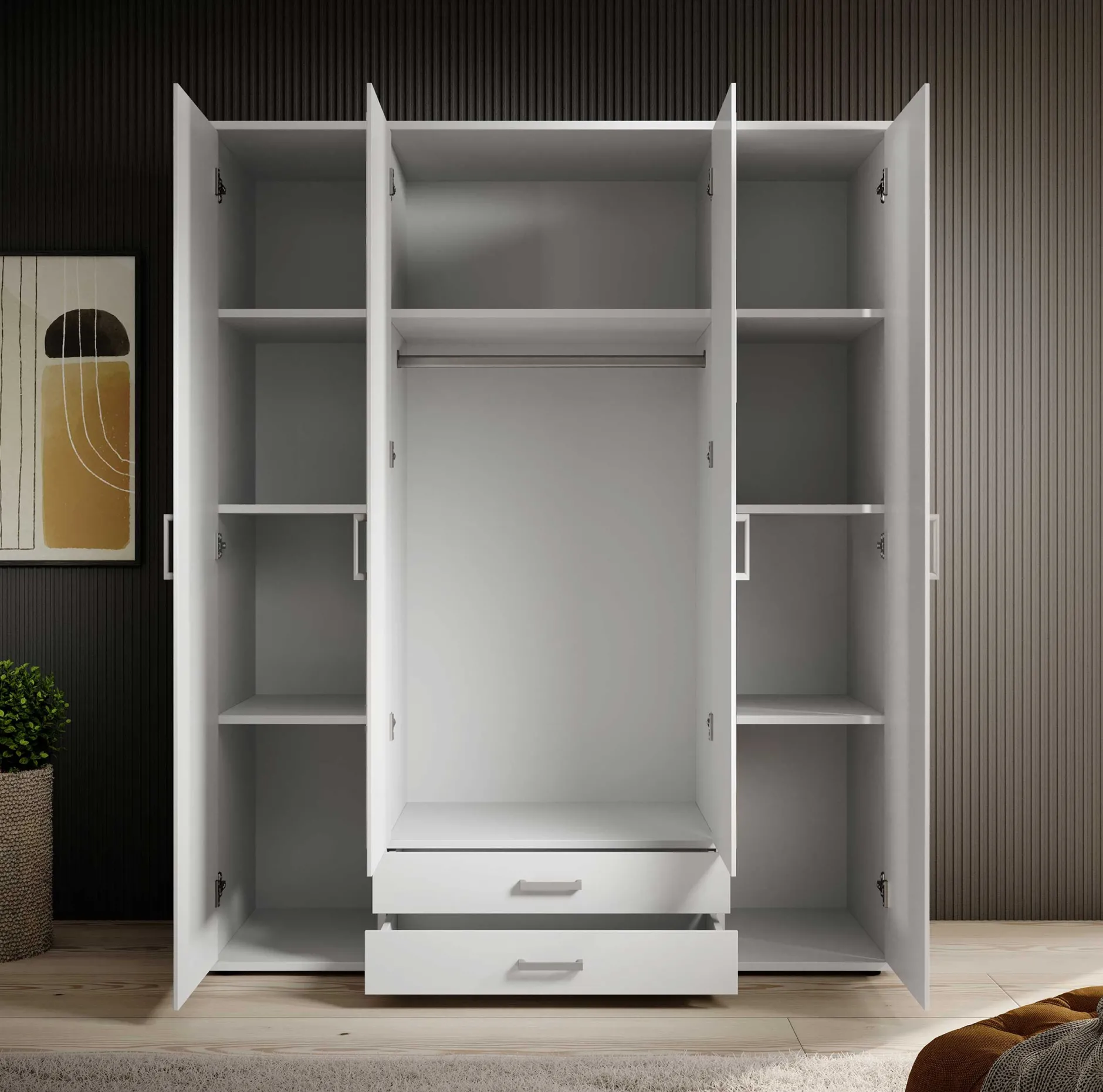 Kleiderschrank Daniela 160cm mit 4 Türen 2 Schubladen und Spiegel - weiß