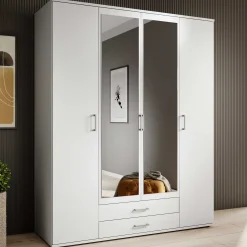 Kleiderschrank Daniela 160cm mit 4 Türen 2 Schubladen und Spiegel - weiß