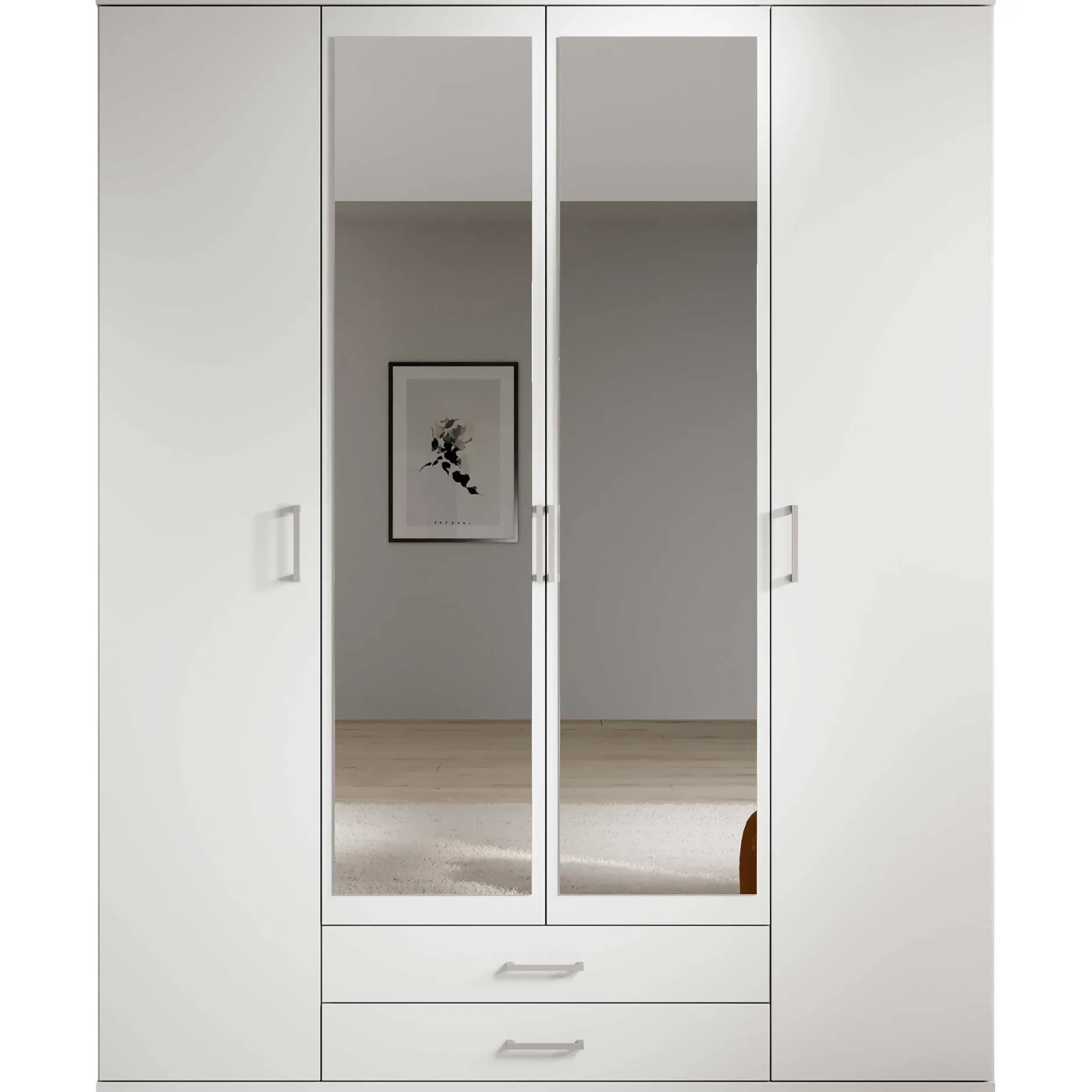 Kleiderschrank Daniela 160cm mit 4 Türen 2 Schubladen und Spiegel - weiß