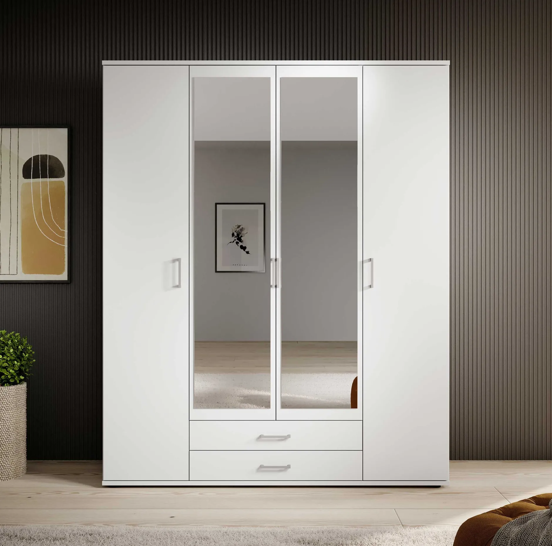 Kleiderschrank Daniela 160cm mit 4 Türen 2 Schubladen und Spiegel - weiß