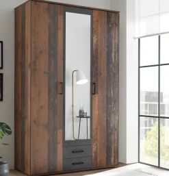 Kleiderschrank Ellis 120cm mit 3 Türen 2 Schubladen und Spiegel - alter Stil/Beton