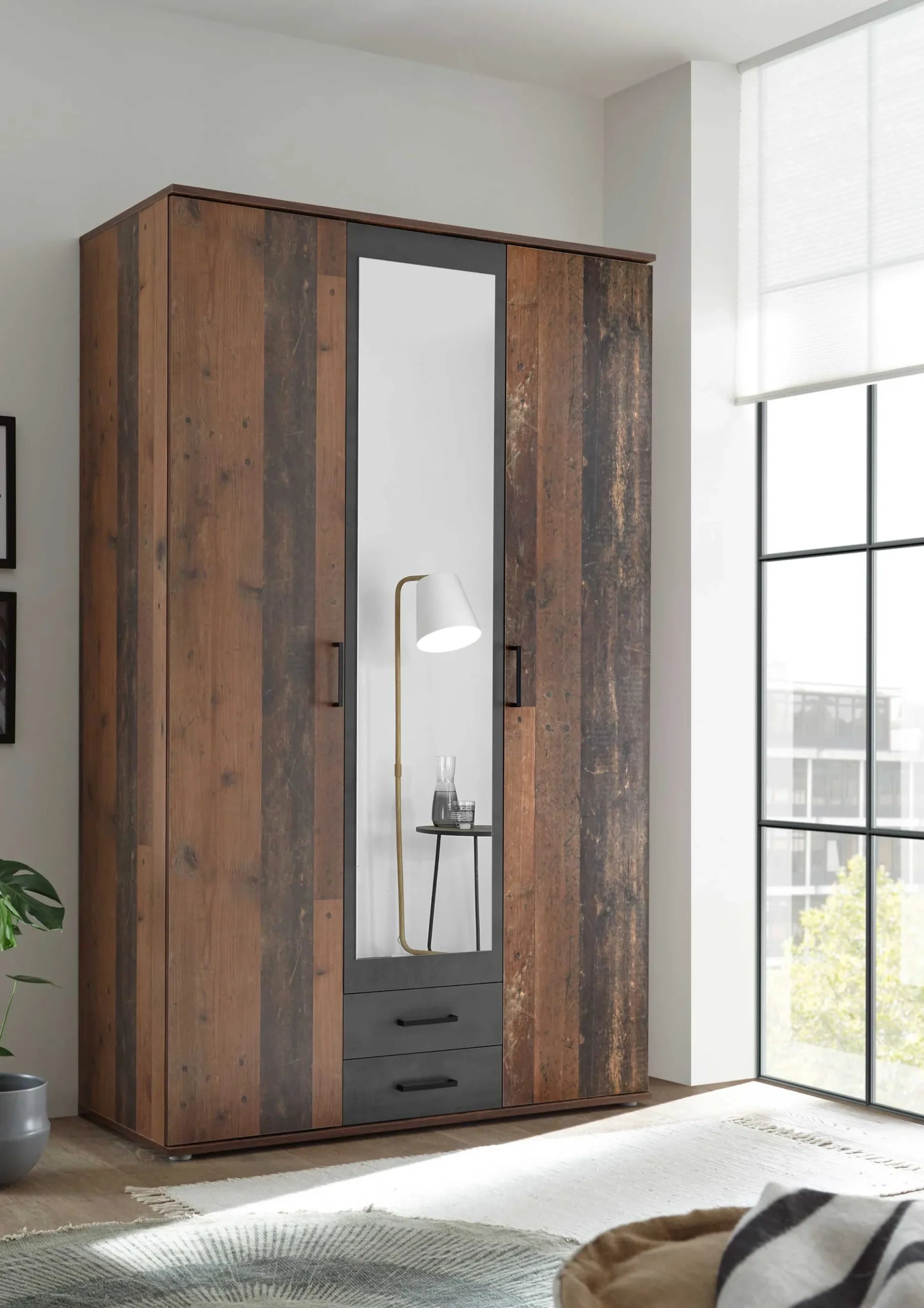 Kleiderschrank Ellis 120cm mit 3 Türen 2 Schubladen und Spiegel - alter Stil/Beton