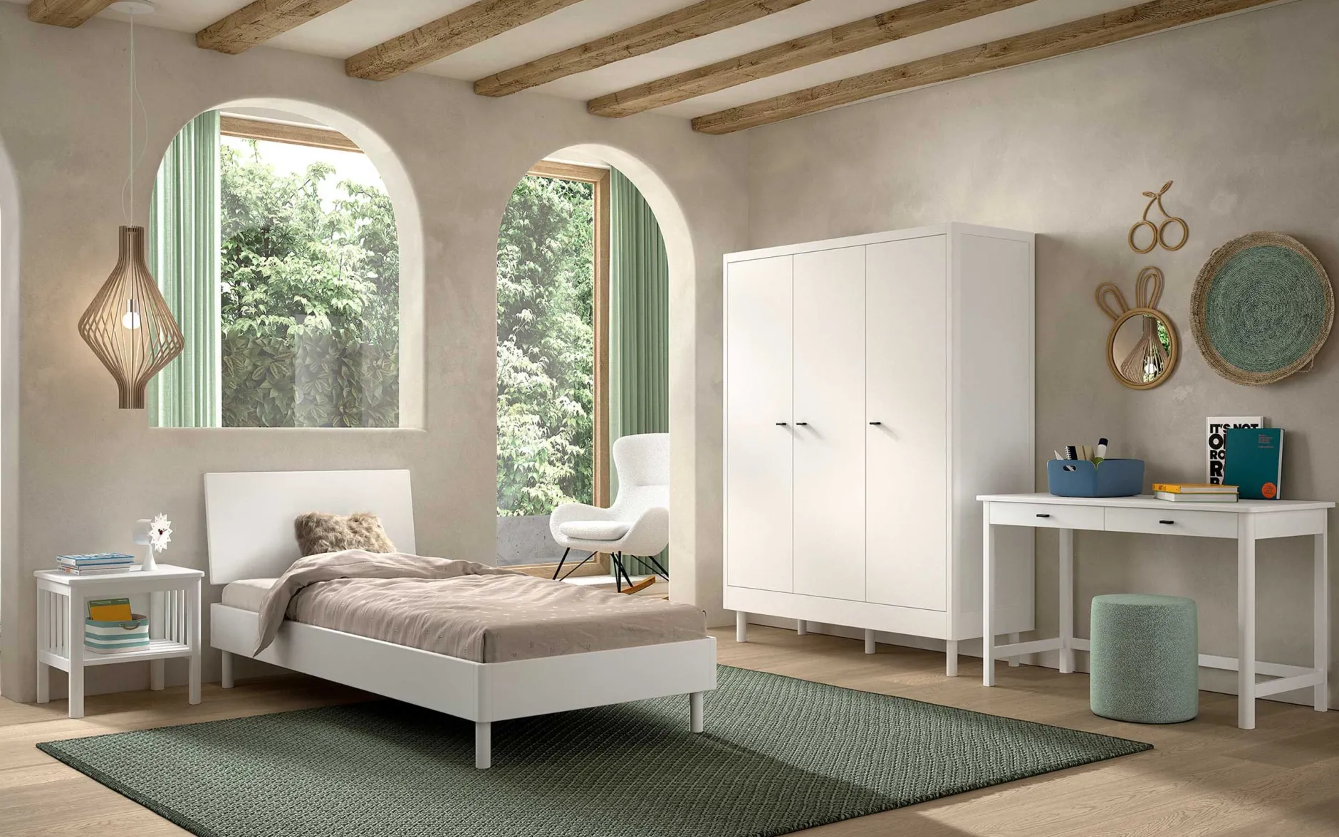 Kleiderschrank Forrest - 3 Türen - Massivholz Buche - weiß