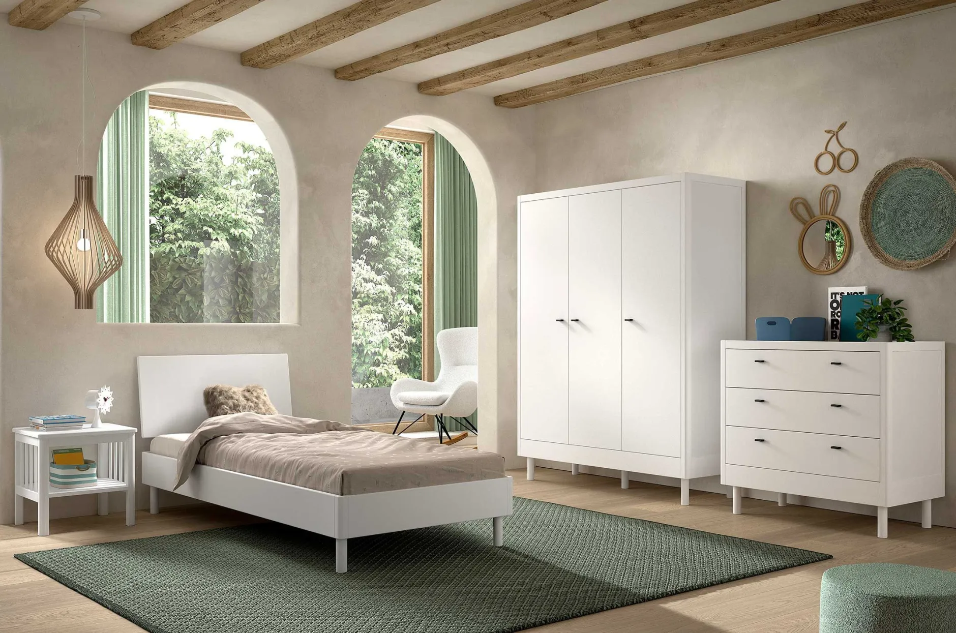 Kleiderschrank Forrest - 3 Türen - Massivholz Buche - weiß