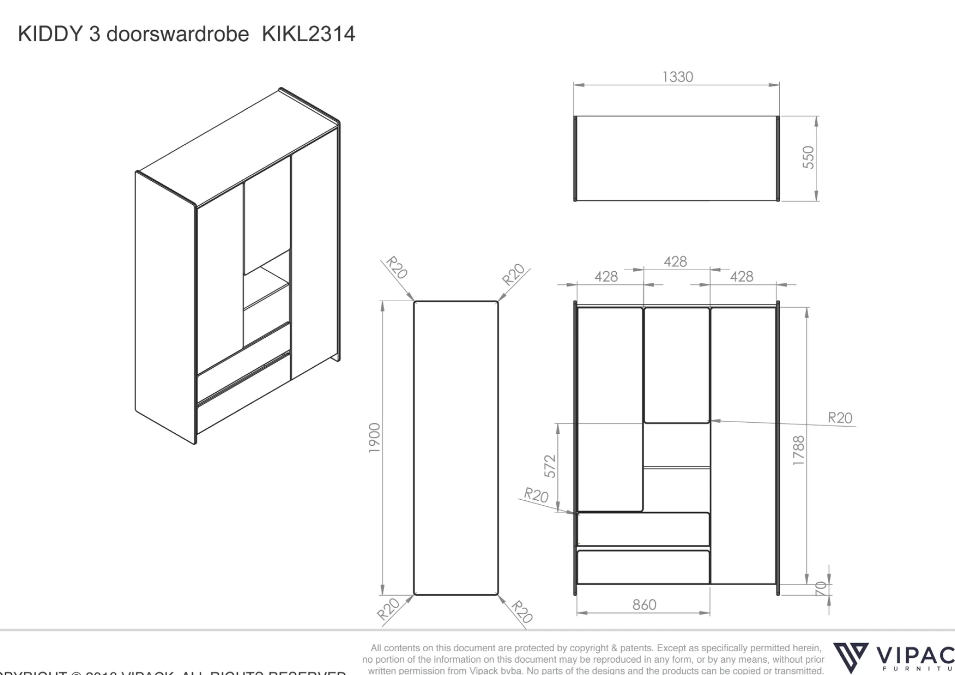 Kleiderschrank Kiddy 3 Türen - weiß