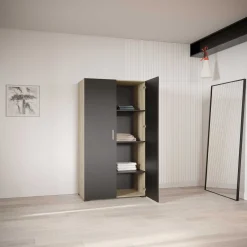 Kleiderschrank Liva 2 Drehtüren, 1 Kleiderstange und 4 Einlegeböden-Kronberg Eiche/mattschwarz